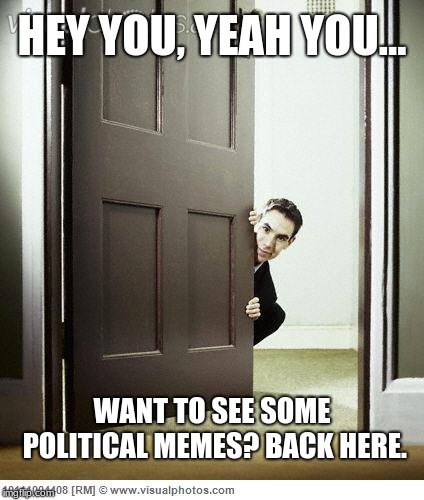Politics: imgflip back room content | HEY YOU, YEAH YOU... WANT TO SEE SOME POLITICAL MEMES? BACK HERE. | image tagged in douche behind door,memes,new rules,imgflip mods,censorship | made w/ Imgflip meme maker