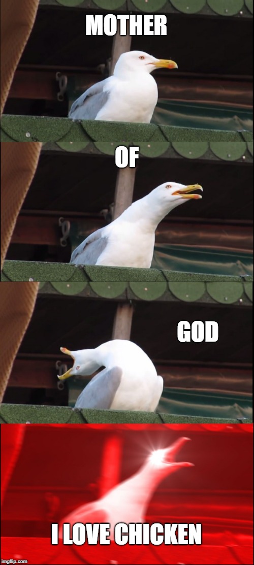 Inhaling Seagull Meme | MOTHER; OF; GOD; I LOVE CHICKEN | image tagged in memes,inhaling seagull | made w/ Imgflip meme maker