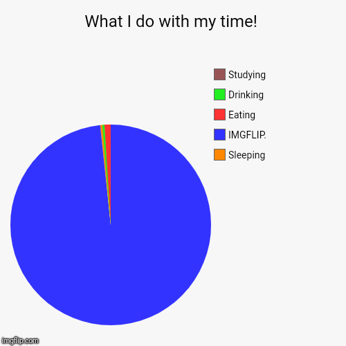 What I do with my time! | Sleeping, IMGFLIP., Eating, Drinking, Studying | image tagged in funny,pie charts | made w/ Imgflip chart maker