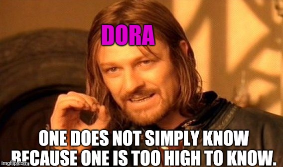 One Does Not Simply Meme | DORA ONE DOES NOT SIMPLY KNOW BECAUSE ONE IS TOO HIGH TO KNOW. | image tagged in memes,one does not simply | made w/ Imgflip meme maker