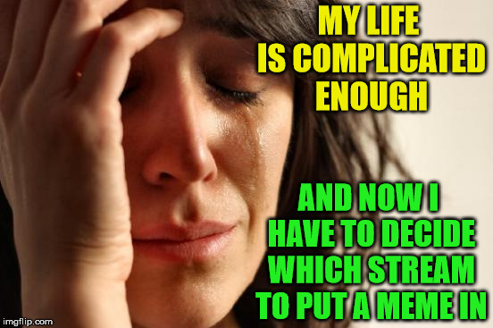 First World Problems | MY LIFE IS COMPLICATED ENOUGH; AND NOW I HAVE TO DECIDE WHICH STREAM TO PUT A MEME IN | image tagged in memes,first world problems,stream,bad decision | made w/ Imgflip meme maker