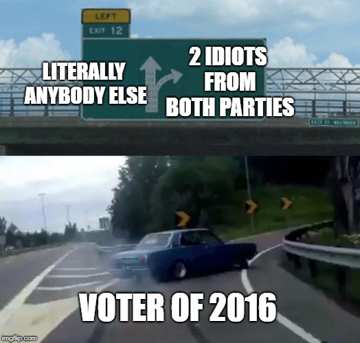 Left Exit 12 Off Ramp | 2 IDIOTS FROM BOTH PARTIES; LITERALLY ANYBODY ELSE; VOTER OF 2016 | image tagged in memes,left exit 12 off ramp | made w/ Imgflip meme maker