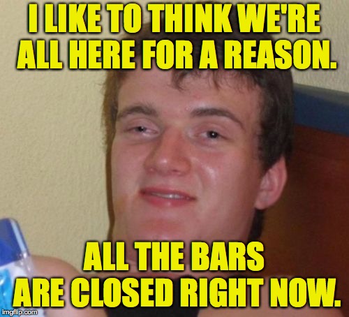 10 Guy Meme | I LIKE TO THINK WE'RE ALL HERE FOR A REASON. ALL THE BARS ARE CLOSED RIGHT NOW. | image tagged in memes,10 guy | made w/ Imgflip meme maker