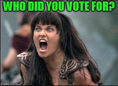 Angry Xena | WHO DID YOU VOTE FOR? | image tagged in angry xena | made w/ Imgflip meme maker