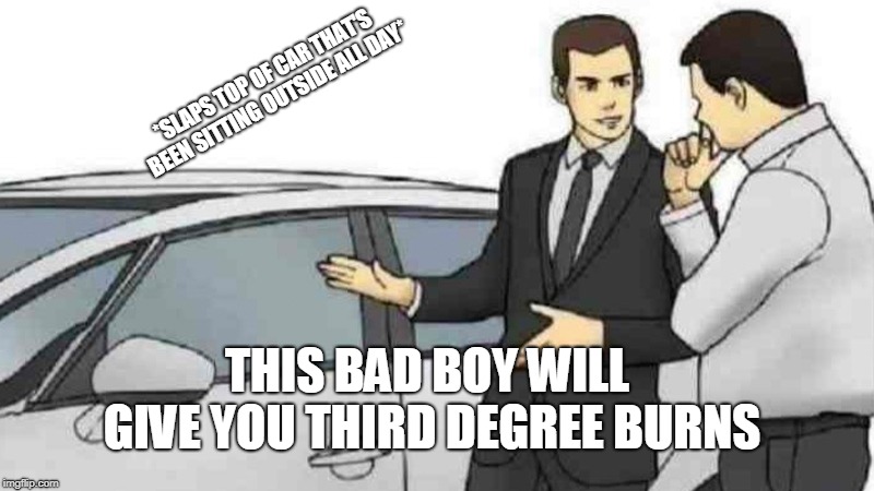 Car Salesman Slaps Roof Of Car Meme | *SLAPS TOP OF CAR THAT'S BEEN SITTING OUTSIDE ALL DAY*; THIS BAD BOY WILL GIVE YOU THIRD DEGREE BURNS | image tagged in memes,car salesman slaps roof of car | made w/ Imgflip meme maker