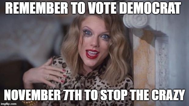 Taylor swift crazy | REMEMBER TO VOTE DEMOCRAT; NOVEMBER 7TH TO STOP THE CRAZY | image tagged in taylor swift crazy | made w/ Imgflip meme maker