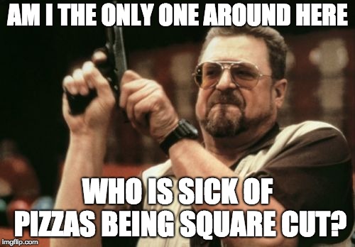 Am I The Only One Around Here Meme | AM I THE ONLY ONE AROUND HERE; WHO IS SICK OF PIZZAS BEING SQUARE CUT? | image tagged in memes,am i the only one around here | made w/ Imgflip meme maker