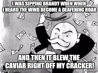 Hurricane reporters, Y U No interview rich people? | I WAS SIPPING BRANDY WHEN WHEN I HEARD THE WIND BECOME A DEAFENING ROAR; AND THEN IT BLEW THE CAVIAR RIGHT OFF MY CRACKER! | image tagged in rich banker,hurricane | made w/ Imgflip meme maker