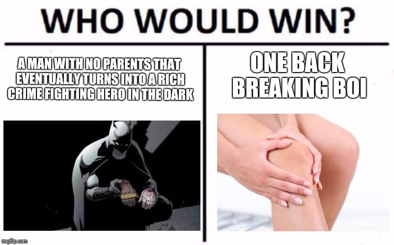 Who Would Win? Meme | ONE BACK BREAKING BOI; A MAN WITH NO PARENTS THAT EVENTUALLY TURNS INTO A RICH CRIME FIGHTING HERO IN THE DARK | image tagged in memes,who would win | made w/ Imgflip meme maker
