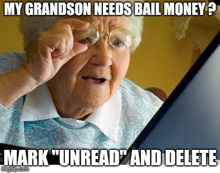 old lady at computer | MY GRANDSON NEEDS BAIL MONEY ? MARK "UNREAD" AND DELETE | image tagged in old lady at computer | made w/ Imgflip meme maker
