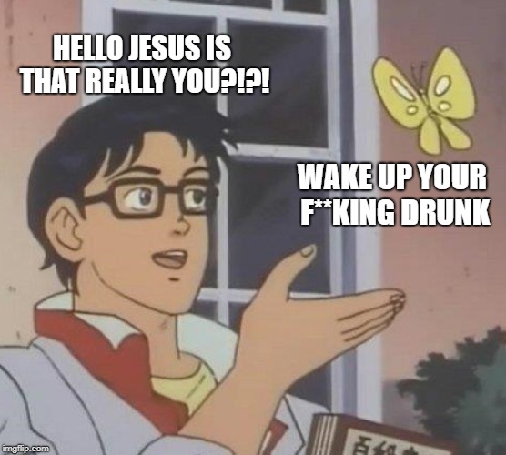 Is This A Pigeon Meme | HELLO JESUS IS THAT REALLY YOU?!?! WAKE UP YOUR F**KING DRUNK | image tagged in memes,is this a pigeon | made w/ Imgflip meme maker