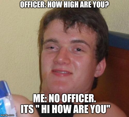 10 Guy | OFFICER: HOW HIGH ARE YOU? ME: NO OFFICER. ITS " HI HOW ARE YOU" | image tagged in memes,10 guy | made w/ Imgflip meme maker