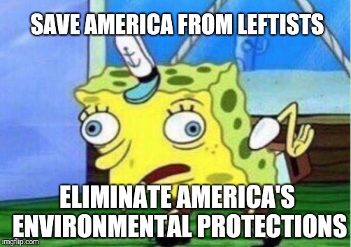 Mocking Spongebob Meme | SAVE AMERICA FROM LEFTISTS ELIMINATE AMERICA'S ENVIRONMENTAL PROTECTIONS | image tagged in memes,mocking spongebob | made w/ Imgflip meme maker