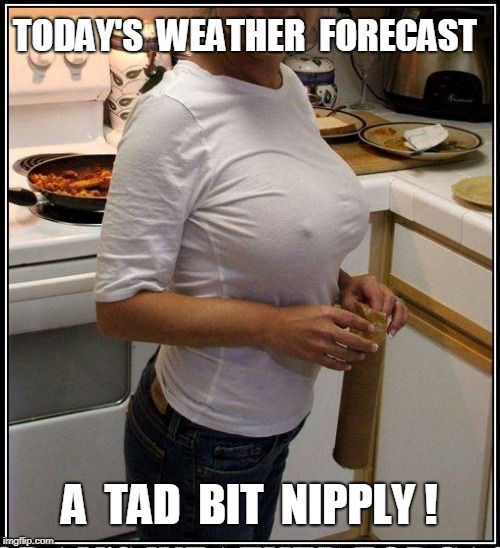 Today's Weather Forecast | TODAY'S  WEATHER  FORECAST; A  TAD  BIT  NIPPLY ! | image tagged in weather,sexy,boobs,nipples,funny,kitchen | made w/ Imgflip meme maker