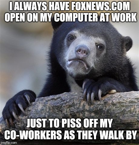Confession Bear Meme | I ALWAYS HAVE FOXNEWS.COM OPEN ON MY COMPUTER AT WORK; JUST TO PISS OFF MY CO-WORKERS AS THEY WALK BY | image tagged in memes,confession bear | made w/ Imgflip meme maker
