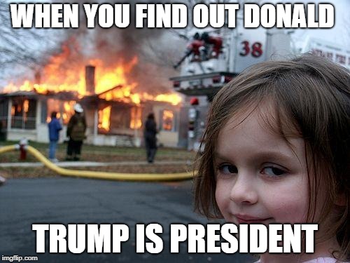 Disaster Girl | WHEN YOU FIND OUT DONALD; TRUMP IS PRESIDENT | image tagged in memes,disaster girl | made w/ Imgflip meme maker