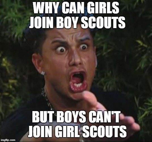 DJ Pauly D Meme | WHY CAN GIRLS JOIN BOY SCOUTS BUT BOYS CAN'T JOIN GIRL SCOUTS | image tagged in memes,dj pauly d | made w/ Imgflip meme maker