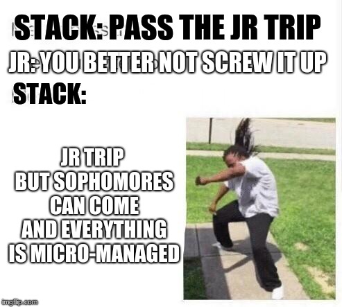 yo pass the meme | STACK: PASS THE JR TRIP; JR: YOU BETTER NOT SCREW IT UP; STACK:; JR TRIP BUT SOPHOMORES CAN COME AND EVERYTHING IS MICRO-MANAGED | image tagged in yo pass the meme | made w/ Imgflip meme maker