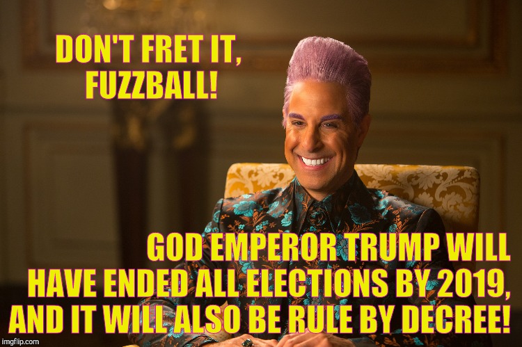 Hunger Games/Caesar Flickerman (Stanley Tucci) "heh heh heh" | DON'T FRET IT,      FUZZBALL! GOD EMPEROR TRUMP WILL HAVE ENDED ALL ELECTIONS BY 2019, AND IT WILL ALSO BE RULE BY DECREE! | image tagged in hunger games/caesar flickerman stanley tucci heh heh heh | made w/ Imgflip meme maker
