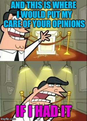 This Is Where I'd Put My Trophy If I Had One Meme | AND THIS IS WHERE I WOULD PUT MY CARE OF YOUR OPINIONS; IF I HAD IT | image tagged in memes,this is where i'd put my trophy if i had one | made w/ Imgflip meme maker