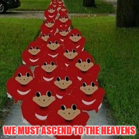 Ugandan knuckles army | WE MUST ASCEND TO THE HEAVENS | image tagged in ugandan knuckles army | made w/ Imgflip meme maker