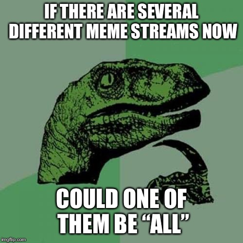 Philosoraptor Meme | IF THERE ARE SEVERAL DIFFERENT MEME STREAMS NOW; COULD ONE OF THEM BE “ALL” | image tagged in memes,philosoraptor | made w/ Imgflip meme maker