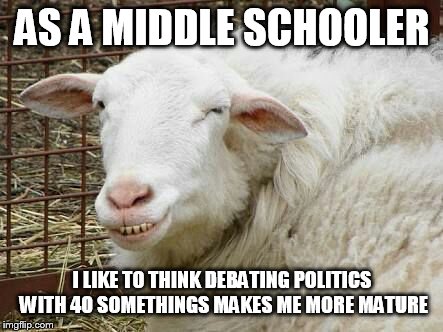 Sheepish Grin | AS A MIDDLE SCHOOLER I LIKE TO THINK DEBATING POLITICS WITH 40 SOMETHINGS MAKES ME MORE MATURE | image tagged in sheepish grin | made w/ Imgflip meme maker