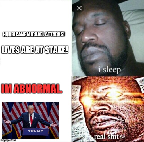 see the news? | LIVES ARE AT STAKE! HURRICANE MICHAEL ATTACKS! IM ABNORMAL. | image tagged in memes,sleeping shaq,funny,politics,donald trump | made w/ Imgflip meme maker
