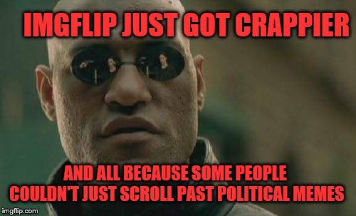 Sigh | IMGFLIP JUST GOT CRAPPIER; AND ALL BECAUSE SOME PEOPLE COULDN'T JUST SCROLL PAST POLITICAL MEMES | image tagged in memes,matrix morpheus,political memes | made w/ Imgflip meme maker