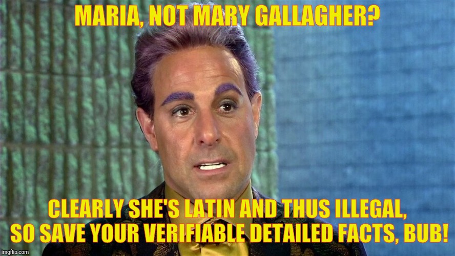 Hunger Games - Caesar Flickerman (Stanley Tucci) | MARIA, NOT MARY GALLAGHER? CLEARLY SHE'S LATIN AND THUS ILLEGAL, SO SAVE YOUR VERIFIABLE DETAILED FACTS, BUB! | image tagged in hunger games - caesar flickerman stanley tucci | made w/ Imgflip meme maker