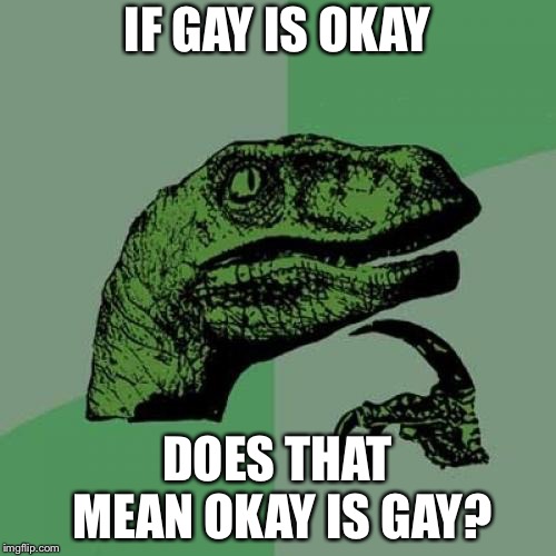 Philosoraptor Meme | IF GAY IS OKAY; DOES THAT MEAN OKAY IS GAY? | image tagged in memes,philosoraptor | made w/ Imgflip meme maker