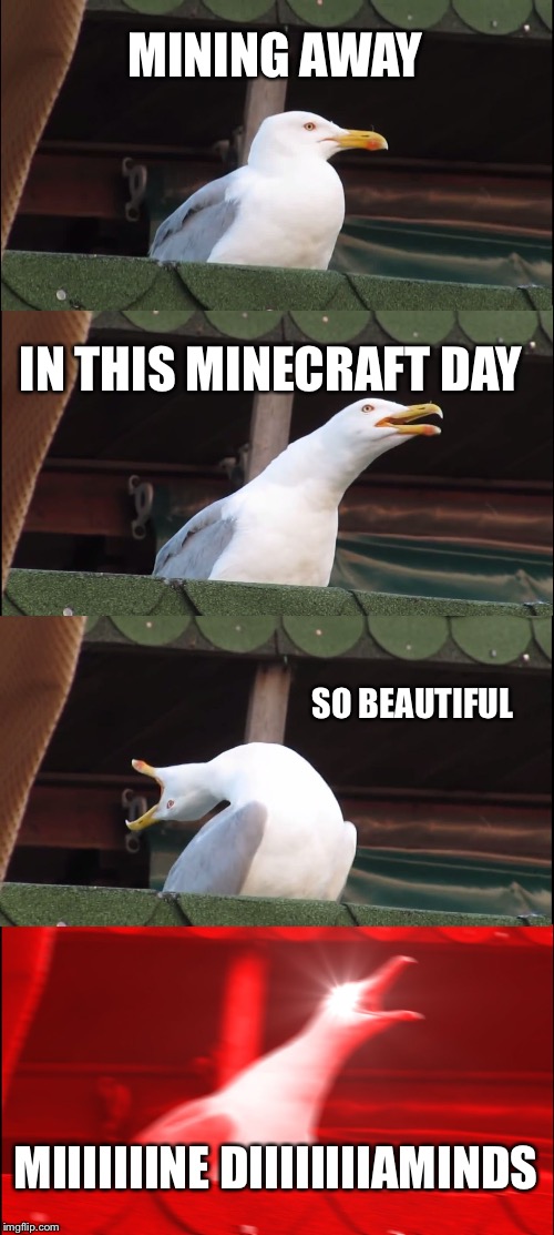 Inhaling Seagull | MINING AWAY; IN THIS MINECRAFT DAY; SO BEAUTIFUL; MIIIIIIINE DIIIIIIIIAMINDS | image tagged in memes,inhaling seagull | made w/ Imgflip meme maker