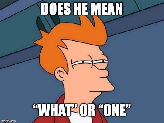 DOES HE MEAN “WHAT” OR “ONE” | image tagged in memes,futurama fry | made w/ Imgflip meme maker