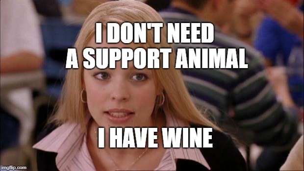 Its Not Going To Happen Meme | I DON'T NEED A SUPPORT ANIMAL; I HAVE WINE | image tagged in memes,its not going to happen | made w/ Imgflip meme maker