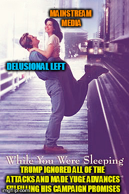 While you were sleeping | MAINSTREAM MEDIA; DELUSIONAL LEFT; TRUMP IGNORED ALL OF THE ATTACKS AND MADE YUGE ADVANCES FULFILLING HIS CAMPAIGN PROMISES | image tagged in while you were sleeping | made w/ Imgflip meme maker