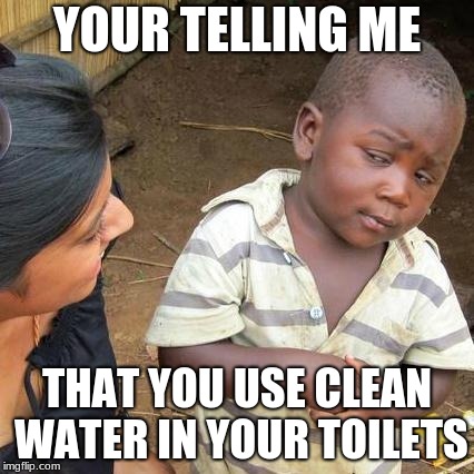 Third World Skeptical Kid Meme | YOUR TELLING ME; THAT YOU USE CLEAN WATER IN YOUR TOILETS | image tagged in memes,third world skeptical kid | made w/ Imgflip meme maker
