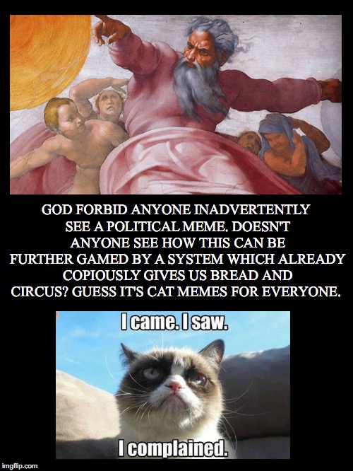 What Ever Happened to Simply Scrolling On? | GOD FORBID ANYONE INADVERTENTLY SEE A POLITICAL MEME. DOESN'T ANYONE SEE HOW THIS CAN BE FURTHER GAMED BY A SYSTEM WHICH ALREADY COPIOUSLY GIVES US BREAD AND CIRCUS? GUESS IT'S CAT MEMES FOR EVERYONE. | image tagged in god forbid,political memes,bread and circus,system,gamed,cat memes | made w/ Imgflip meme maker