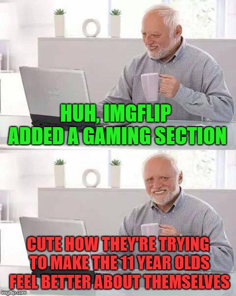 More like "Unoriginal Fortnite Memes" section | HUH, IMGFLIP ADDED A GAMING SECTION; CUTE HOW THEY'RE TRYING TO MAKE THE 11 YEAR OLDS FEEL BETTER ABOUT THEMSELVES | image tagged in memes,hide the pain harold,fortnite | made w/ Imgflip meme maker