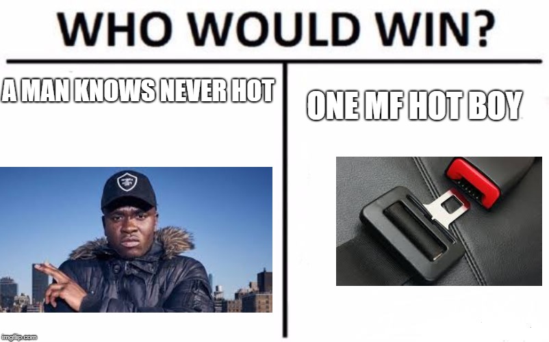 Who Would Win? Meme | A MAN KNOWS NEVER HOT; ONE MF HOT BOY | image tagged in memes,who would win | made w/ Imgflip meme maker