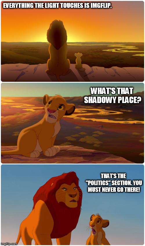 It's tough being on the left and going to the "politics" section. | EVERYTHING THE LIGHT TOUCHES IS IMGFLIP. WHAT'S THAT SHADOWY PLACE? THAT'S THE "POLITICS" SECTION. YOU MUST NEVER GO THERE! | image tagged in lion king,memes,political meme,left wing,imgflip,alone | made w/ Imgflip meme maker