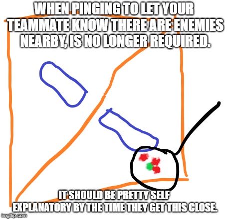 WHEN PINGING TO LET YOUR TEAMMATE KNOW THERE ARE ENEMIES NEARBY, IS NO LONGER REQUIRED. IT SHOULD BE PRETTY SELF EXPLANATORY BY THE TIME THEY GET THIS CLOSE. | made w/ Imgflip meme maker