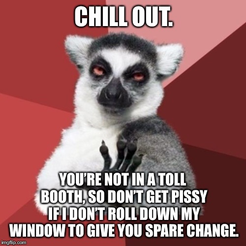 Chill out panhandler | CHILL OUT. YOU’RE NOT IN A TOLL BOOTH, SO DON’T GET PISSY IF I DON’T ROLL DOWN MY WINDOW TO GIVE YOU SPARE CHANGE. | image tagged in memes,chill out lemur,homeless,window,change,angry | made w/ Imgflip meme maker