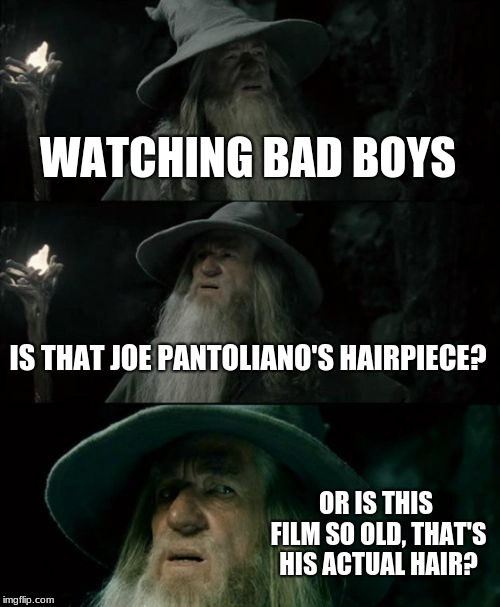 Confused Gandalf Meme | WATCHING BAD BOYS; IS THAT JOE PANTOLIANO'S HAIRPIECE? OR IS THIS FILM SO OLD, THAT'S HIS ACTUAL HAIR? | image tagged in memes,confused gandalf | made w/ Imgflip meme maker