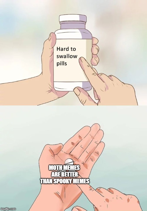 Hard To Swallow Pills Meme | MOTH MEMES ARE BETTER THAN SPOOKY MEMES | image tagged in memes,hard to swallow pills | made w/ Imgflip meme maker