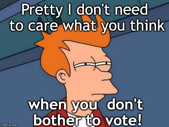 Futurama Fry | Pretty I don't need to care what you think; when you

don't bother to vote! | image tagged in memes,futurama fry | made w/ Imgflip meme maker