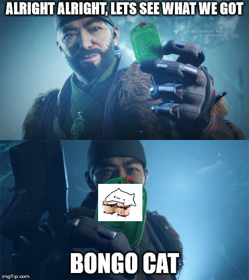 Destiny Gambit meme- Bongo cat | ALRIGHT ALRIGHT, LETS SEE WHAT WE GOT; BONGO CAT | image tagged in destiny 2,gaming,video games,video game,destiny2 | made w/ Imgflip meme maker