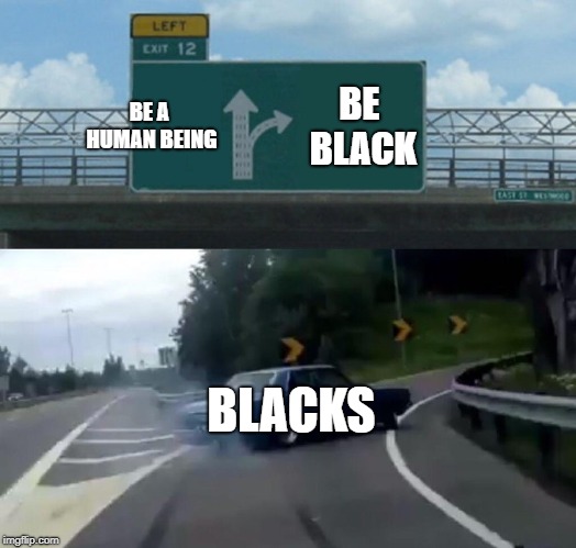 Left Exit 12 Off Ramp | BE A HUMAN BEING; BE BLACK; BLACKS | image tagged in memes,left exit 12 off ramp | made w/ Imgflip meme maker