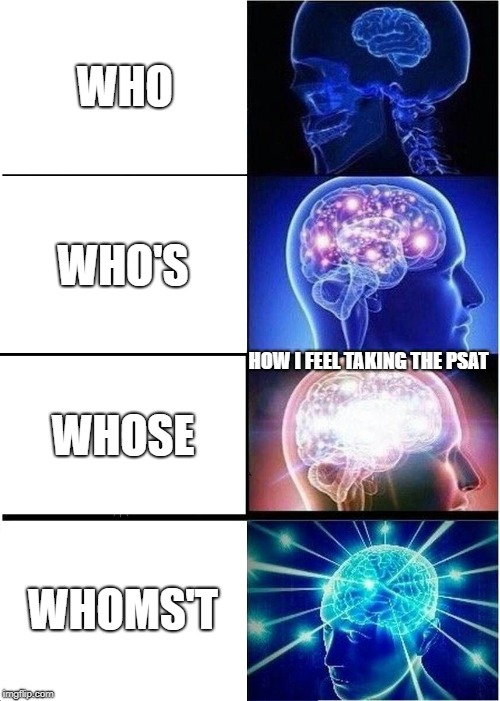 Expanding Brain | WHO; WHO'S; HOW I FEEL TAKING THE PSAT; WHOSE; WHOMS'T | image tagged in memes,expanding brain | made w/ Imgflip meme maker
