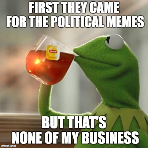 But That's None Of My Business Meme | FIRST THEY CAME FOR THE POLITICAL MEMES; BUT THAT'S NONE OF MY BUSINESS | image tagged in memes,but thats none of my business,kermit the frog | made w/ Imgflip meme maker