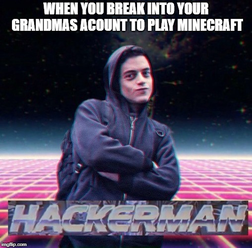 HackerMan | WHEN YOU BREAK INTO YOUR GRANDMAS ACOUNT TO PLAY MINECRAFT | image tagged in hackerman | made w/ Imgflip meme maker